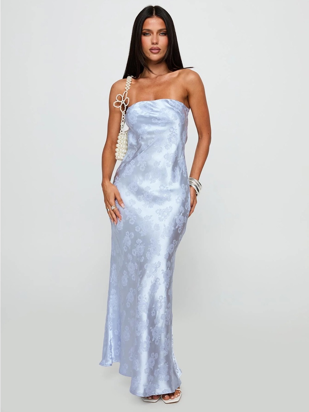 Princess Polly Strapless Satin Jacquard Maxi Dress in Light Blue